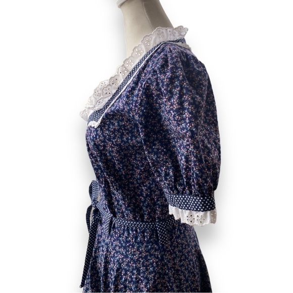 GUNNE SAX Vintage Jessica McClintock Navy Blue Floral Print Prairie Dress - Picture 10 of 16